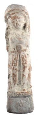 Hollow terracotta Mother Goddess idol wearing a hooded garment. Mounted on a wooden base.